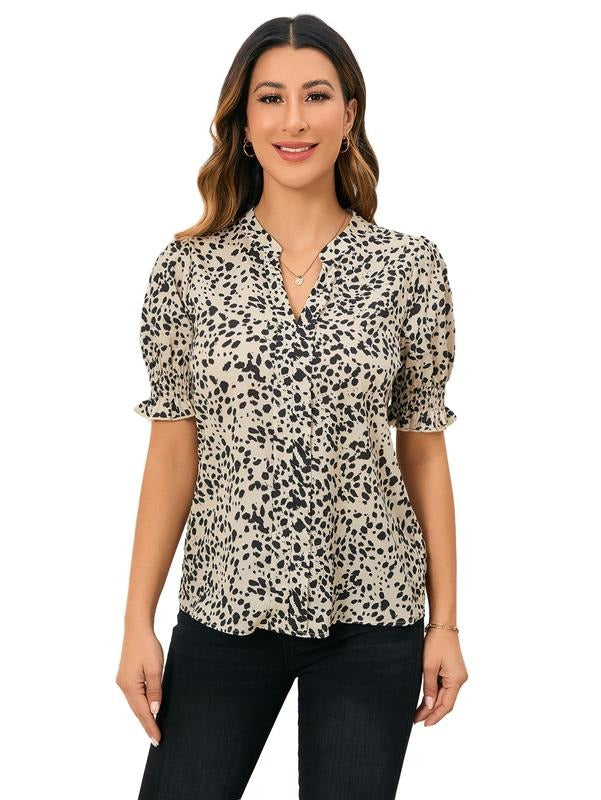 Dalmatian Print Puff Short Sleeve Blouse Notched V Neck Shirt Work Tops Hoodie Sweatshirt | PrintMintTees.com