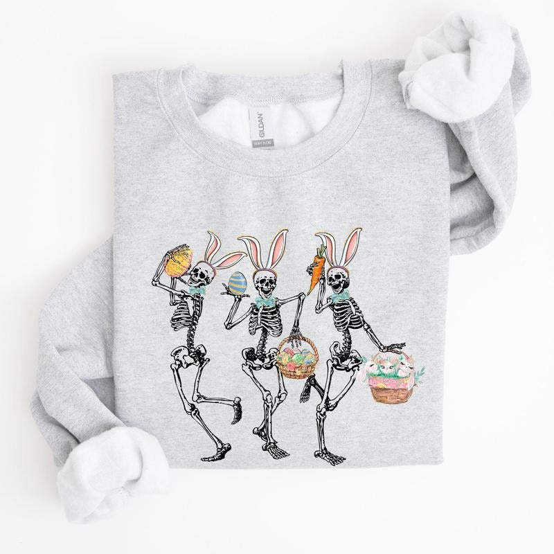 Dancing Easter Skeleton, Rabbit, Bunnies Sweatshirt, Women's Crew Neck, Crewneck T-Shirts, Hoodie | PrintMintTees.com