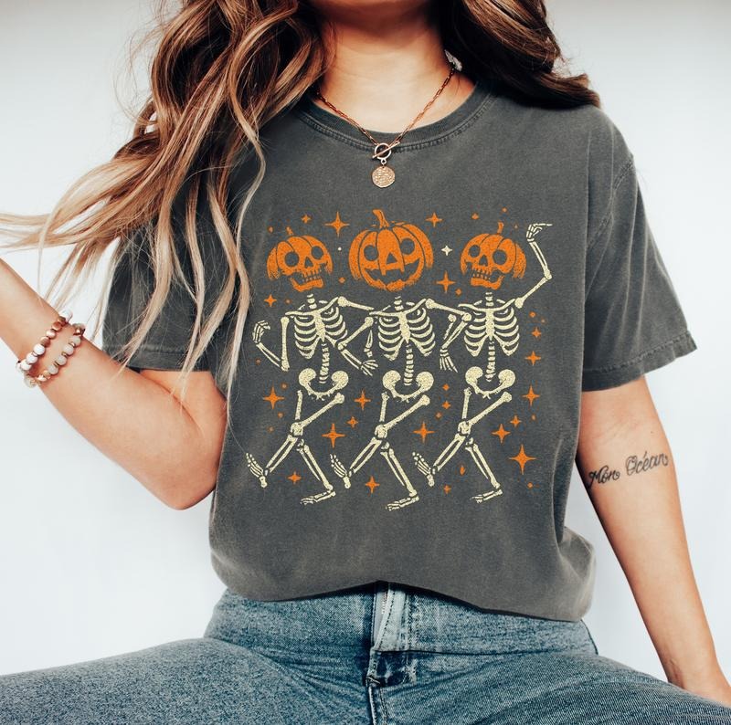 Dancing Skeleton Comfort Colors Shirt, Womens Halloween Shirt, Skeleton Halloween Tee, Skull Halloween Tee, Cute...