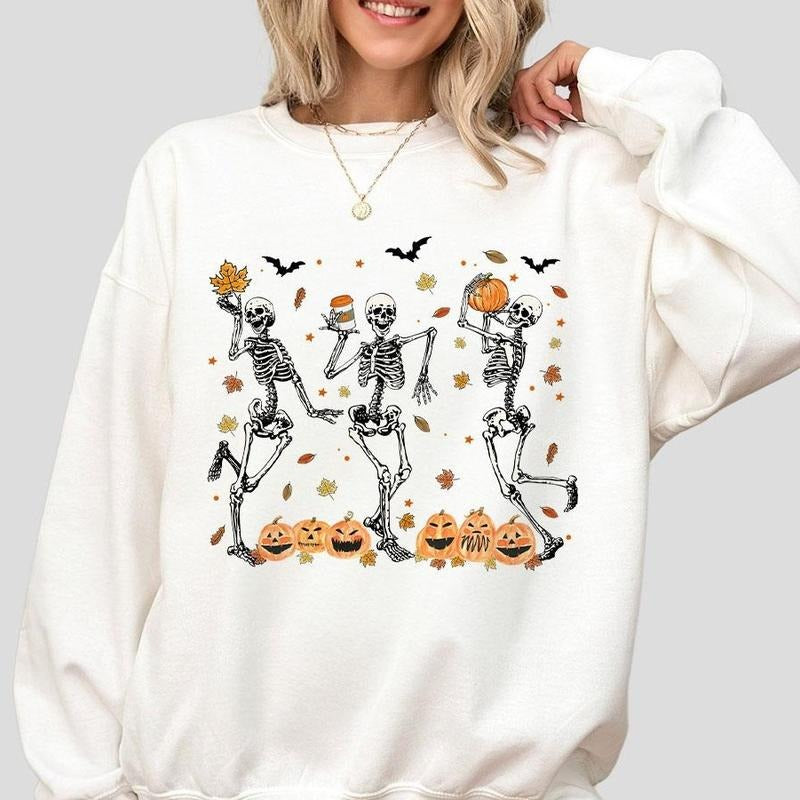 Dancing Skeleton Fall Sweatshirt, Pumpkin T-shirt, Shirt For Women, Funny Skeleton Sweatshirt, Pumpkin Skeleton T-shirts,...