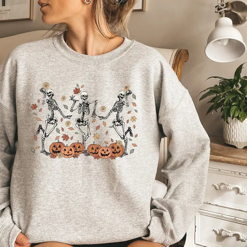 Dancing Skeleton Sweatshirt Pumpkin Sweater Pumpkin Skeleton Shirt Fall Sweatshirt Halloween Party Sweatshirt Spooky...