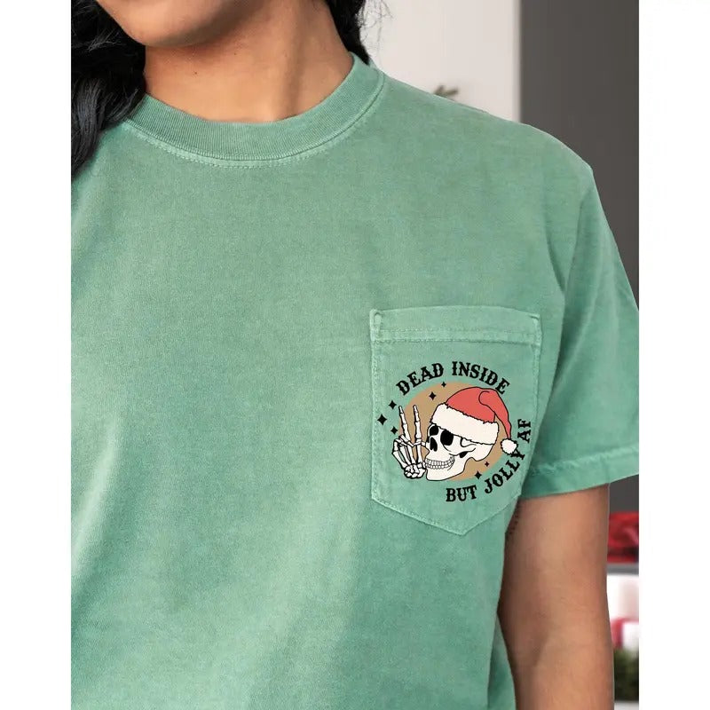 Dead Inside But Jolly AF Pocket Skeleton Santa Snow Winter Xmas Pocket Comfort Color T-Shirts, Hoodie, Sweatshirt