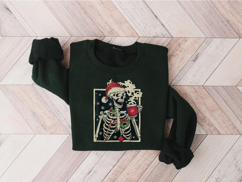 Dead Inside Skeleton Christmas Sweatshirt, Sarcastic Christmas Coffee Shirt Merry Christmas Shirt Coffee Lover Christmas...