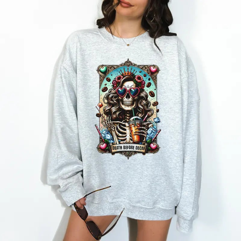 Death Before Decaf Print Is Sublimation Relaxed Fit Casual T-Shirts, Hoodie, Sweatshirt
