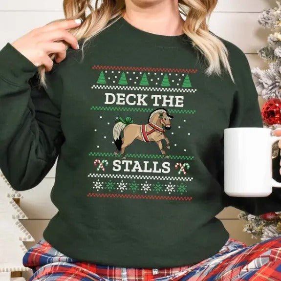 Deck the Stalls Equestrian Ugly Christmas Sweatshirt, Norwegian Fjord Horse Cozy Barn Sweater, Riding Instructor Gift,...