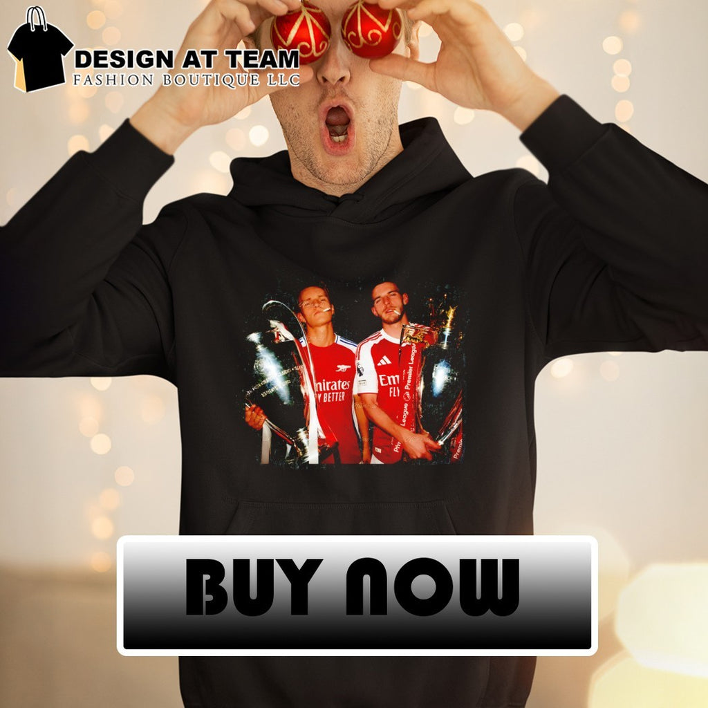 Declan Rice and Martin Odegaard smoking holding Trophy Arsenal FC 2026 shirt