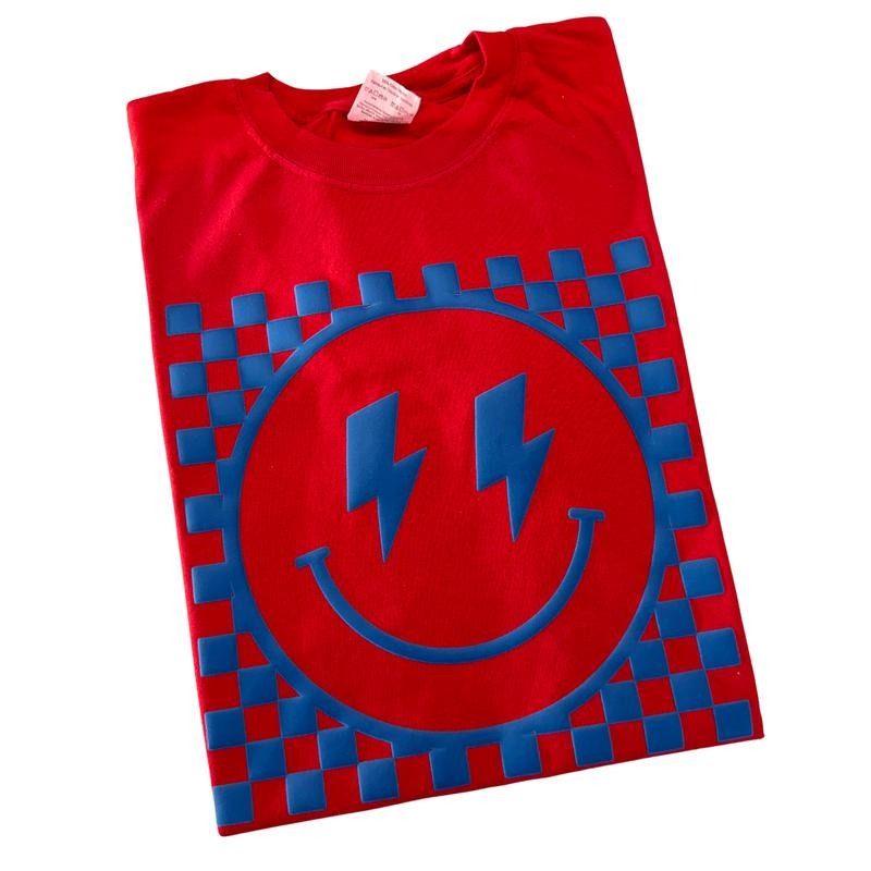 Denim Puff Checkered Happy Face Comfort Colors T-Shirt Hoodie, Sweatshirt | PrintMintTees.com