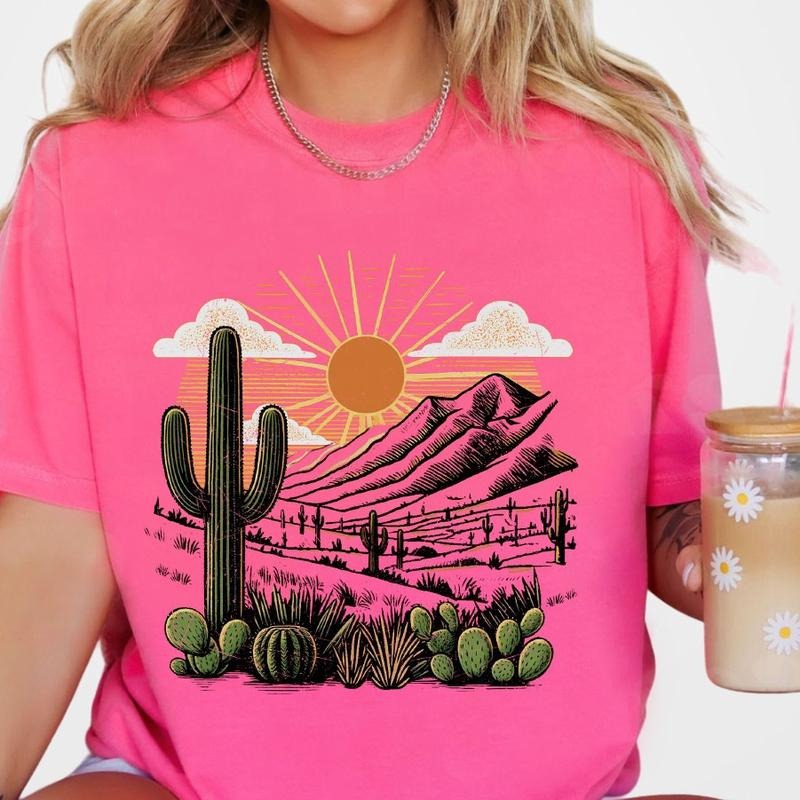 Desert Sunrise Shirt, Summer Tee, Cactus Plants, Cowgirl Shirt, Cactus Scene Shirt, Trendy Shirt, Retro Shirt For Women,...
