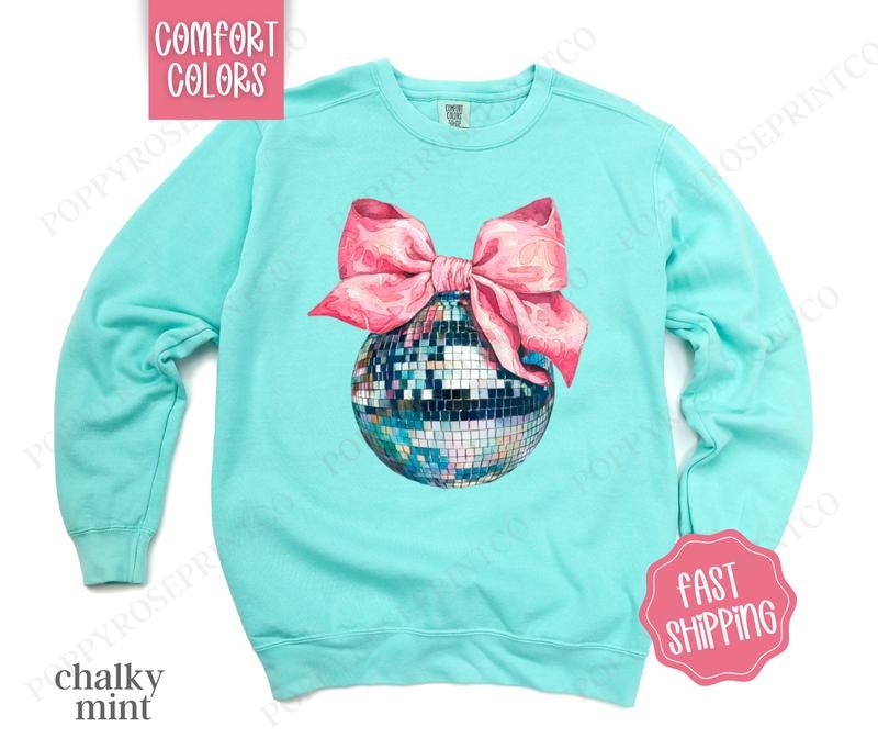 Disco Ball Bow Comfort Colors Sweatshirt, New Year's 2025 Women's Crewneck, NYE Women's Sweater Shirt Hoodie