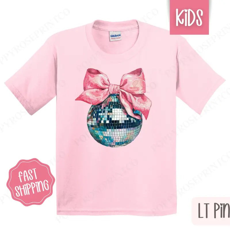 Disco Ball Bow Kids Shirt - New Year's 2025 Children's Tshirt - Youth NYE Tee Gildan Hoodie, Sweatshirt | PrintMintTees.com