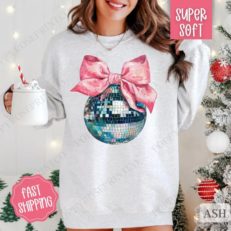 Disco Ball Bow Sweatshirt, New Year's 2025 Crewneck, NYE Women's Sweater T-Shirts, Hoodie | PrintMintTees.com
