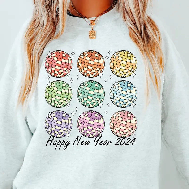 Disco Ball Pattern Happy New Year Causal Sweatshirt Unisex Fit Womenswear Hoodie Shirt | PrintMintTees.com