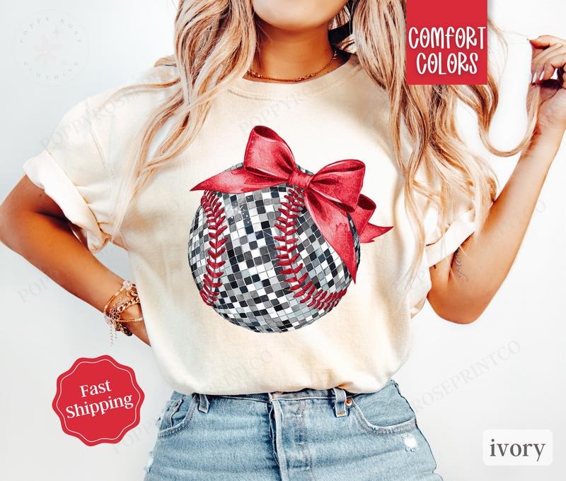 Disco Baseball Bow Shirt Comfort Colors Baseball Womenswear Coquette Shirt Hoodie Sweatshirt