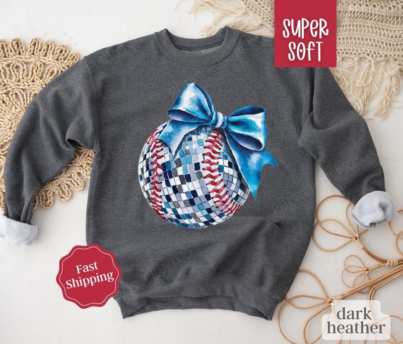 Disco Baseball Bow Sweatshirt, Game Day Baseball Crewneck, Womens Sweatshirt Shirt Hoodie | PrintMintTees.com