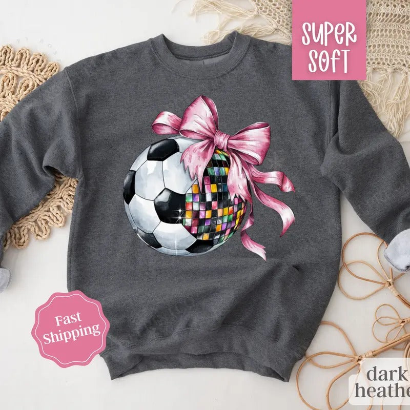 Disco Soccer Bow Sweatshirt, Game Day Soccer Crewneck, Womens Sweatshirt, Futbol Sweater Shirt Hoodie | PrintMintTees.com
