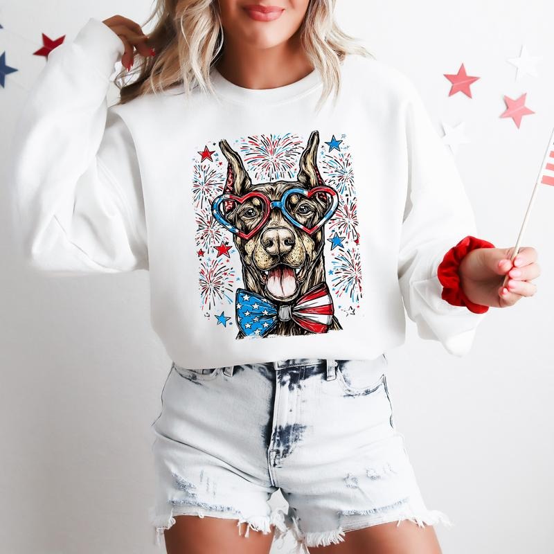 Doberman Patriotic Dog USA America Pet Lover 4th July Crew Neck T-Shirts, Hoodie, Sweatshirt