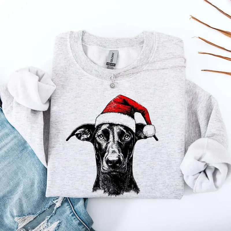 Doberman, Santa, Dog, Christmas, Dog Lover, Pet Sweatshirt, Crew Neck, Women's, Crewneck Shirt Hoodie | PrintMintTees.com