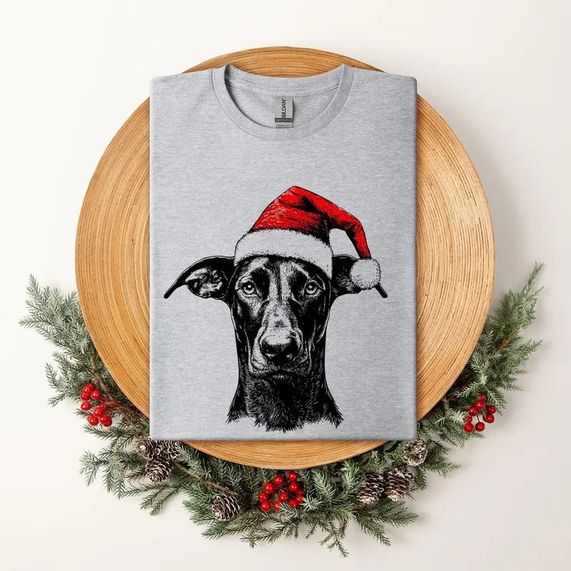 Doberman, Santa, Dog, Christmas, Dog Lover, Pet T-Shirt, Soft Style Tee, Women's Graphic Tshirt Hoodie Sweatshirt
