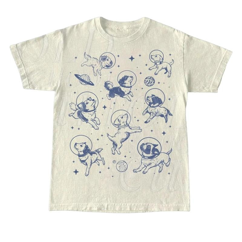 Dogs In Space Retro T-Shirt, Funny Galaxy Graphic T-shirt, Dog Moon 90s Shirt, Vintage Animal Gag Unisex Tee, Dog Lovers...