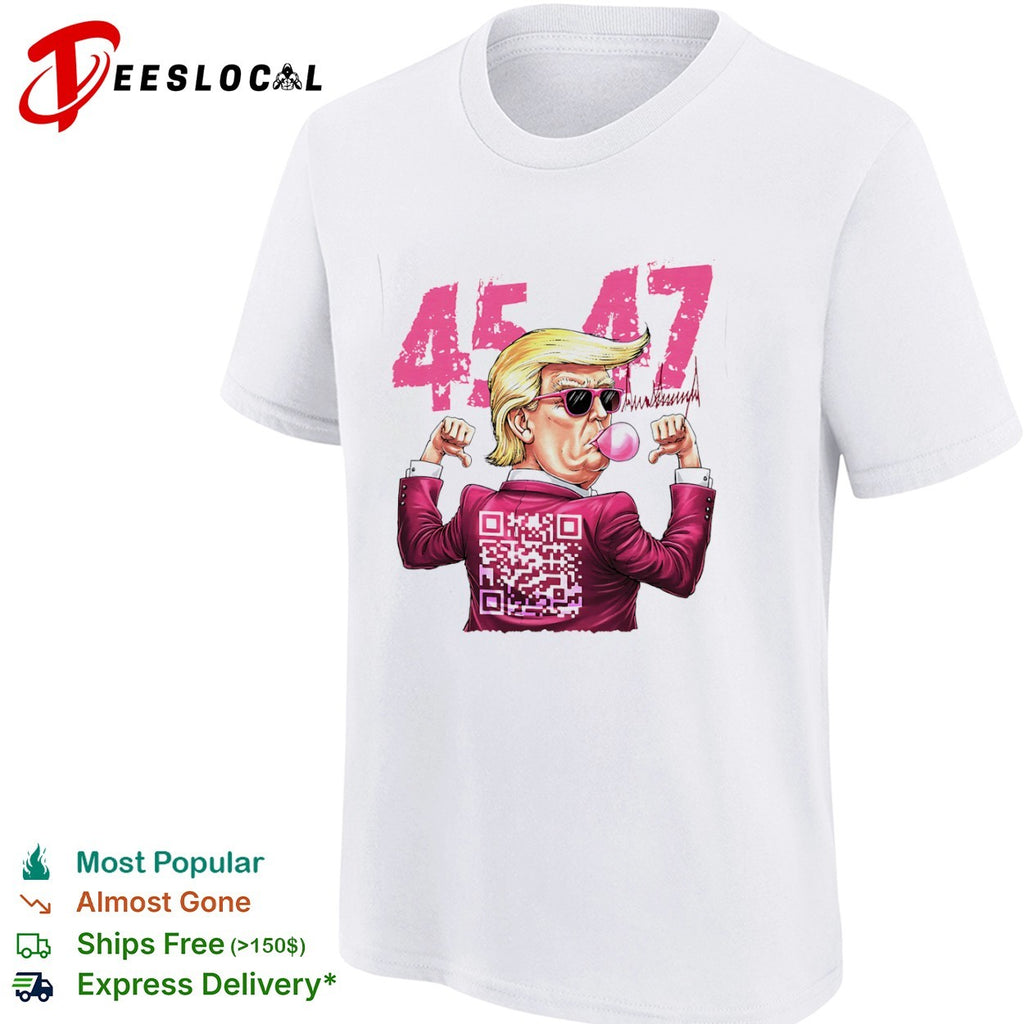Donald Trump 45 47 bubble gum QR code shirt