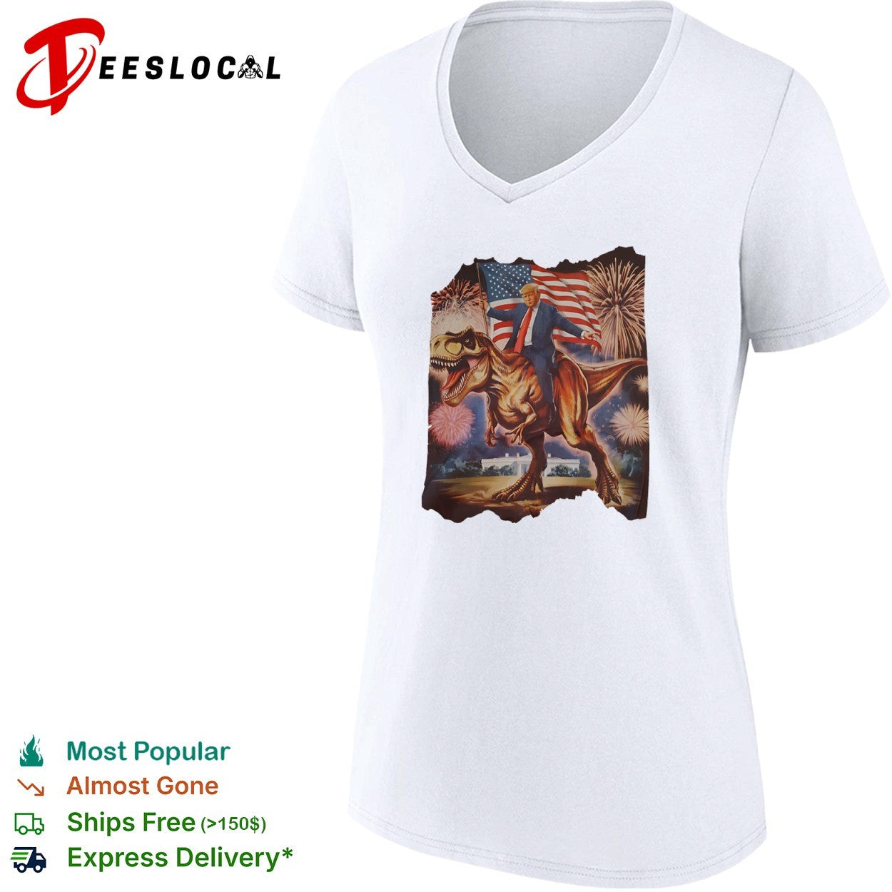 Donald Trump T-Rex riding dinosaur American flag fireworks shirt