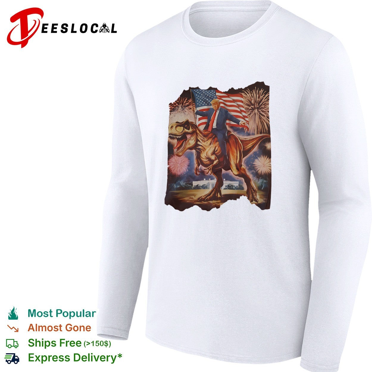Donald Trump T-Rex riding dinosaur American flag fireworks shirt