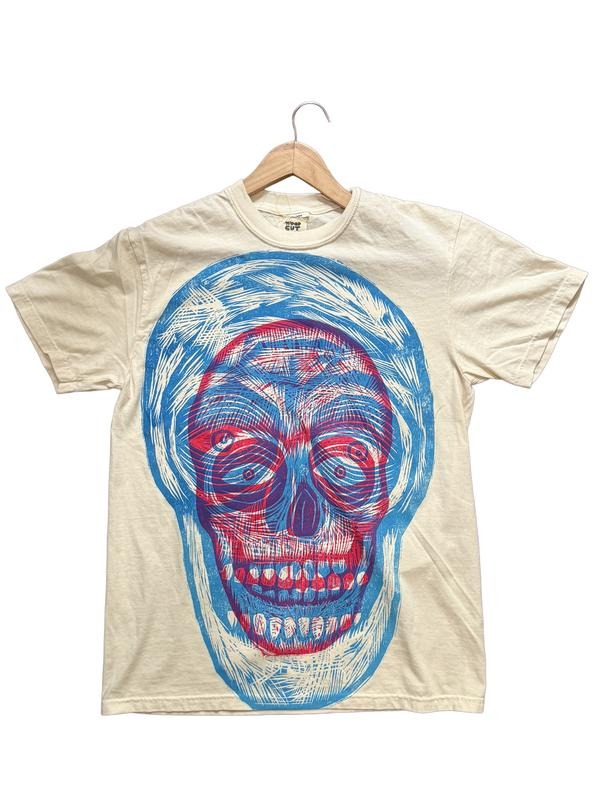 Double Skull Handprinted Woodcut T-Shirt Menswear Cotton Top Streetwear Casual Crewneck Red and Blue Ink Oil-Based Relief...
