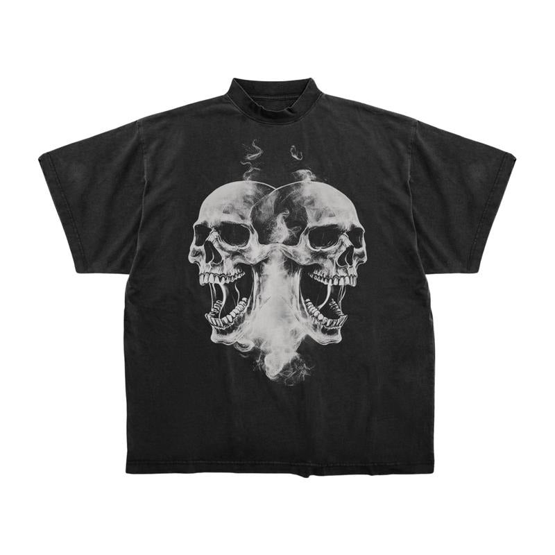 Double Skull Smoke Y2K Graphic T-Shirt - Gothic Oversized Tee - Spooky Horror Aesthetic Shirt