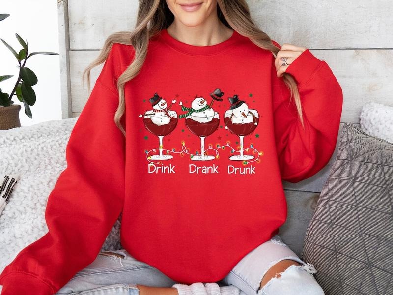 Drink Drank Drunk Snowman Wine Christmas Sweatshirt, Funny Christmas Shirts, Wine Holiday Hoodie, Snowman Drinking Wine...