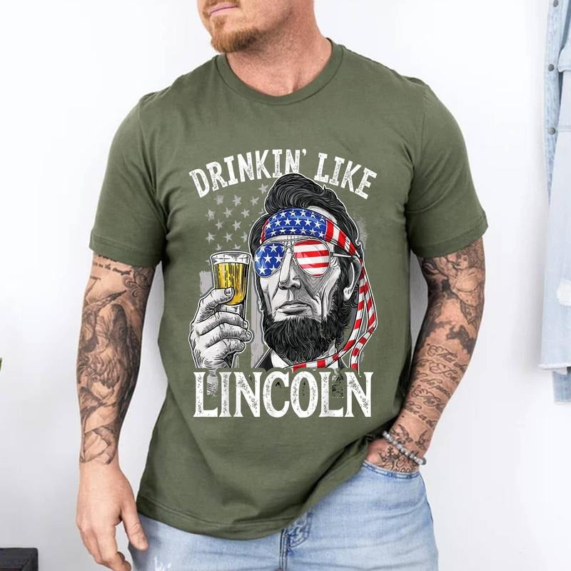 Drinking Like Lincoln 4th of July Men Abraham Merica Flag T-Shirt | Unisex Cotton Tee, Short Sleeve, Size S-3XL Hoodie...