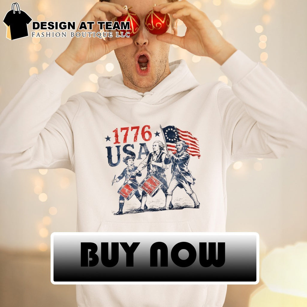 Drummers marching with American flag 1776 USA shirt