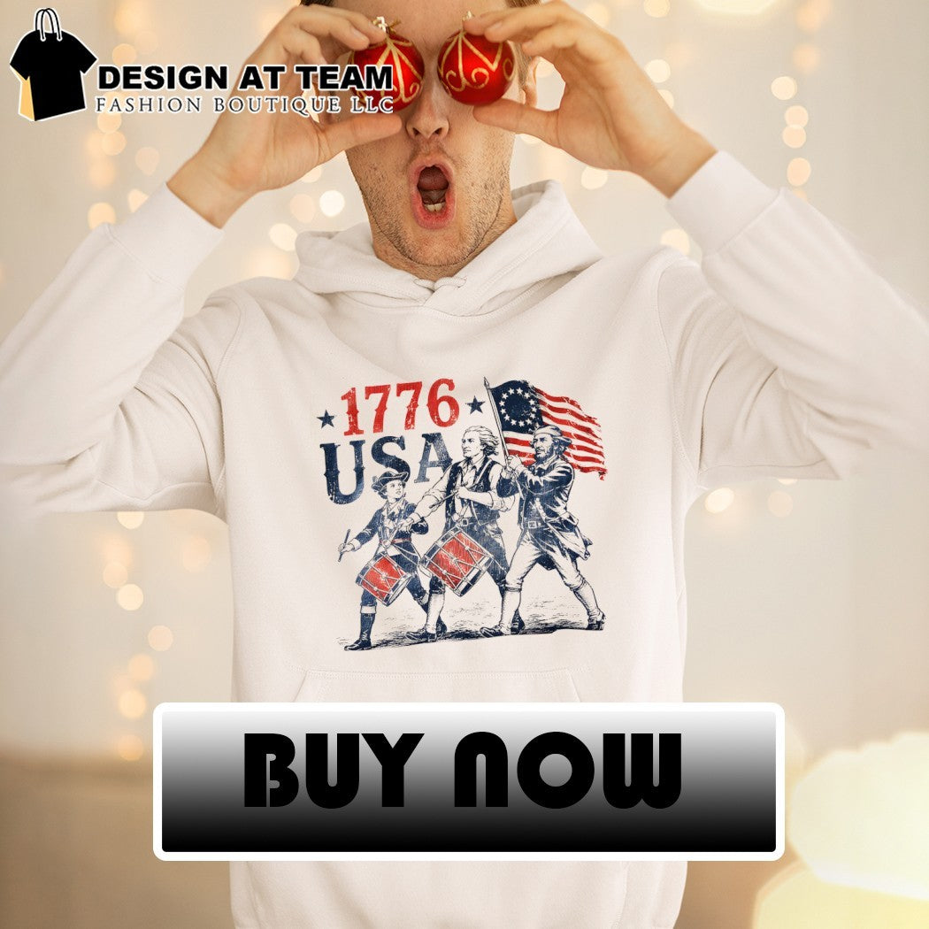 Drummers marching with American flag 1776 USA shirt
