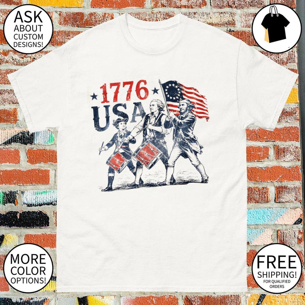 Drummers marching with American flag 1776 USA shirt