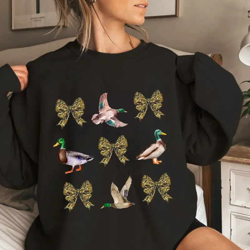 Duck Hunt Camo Coquette Bow Sweatshirt, Duck Hunting Shirt, Old school camo Girls, Camo shirt, Cotton Round Neck Tee,...