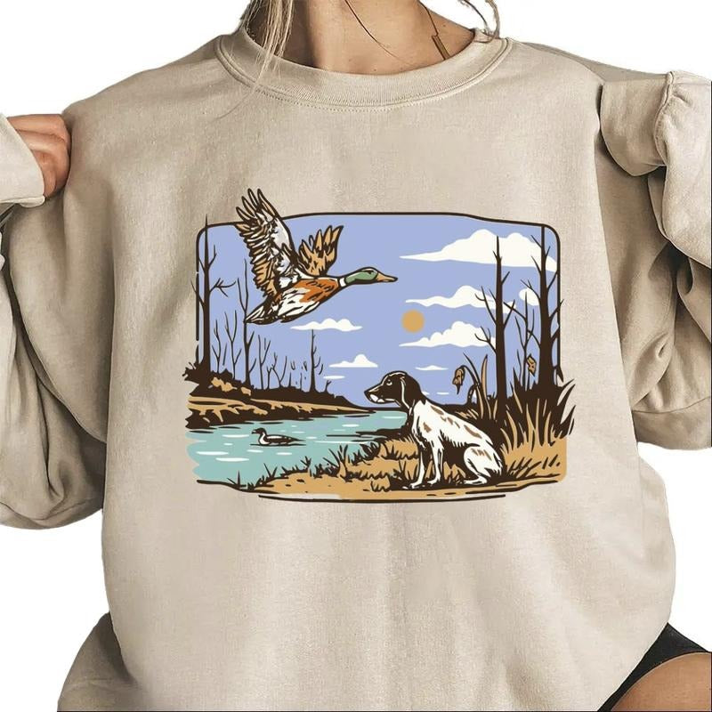 Duck Hunting Dog Sweatshirt - Rustic Nature Vintage Outdoor Unisex T-shirt with Waterfowl Scene , Cotton Pullover,...