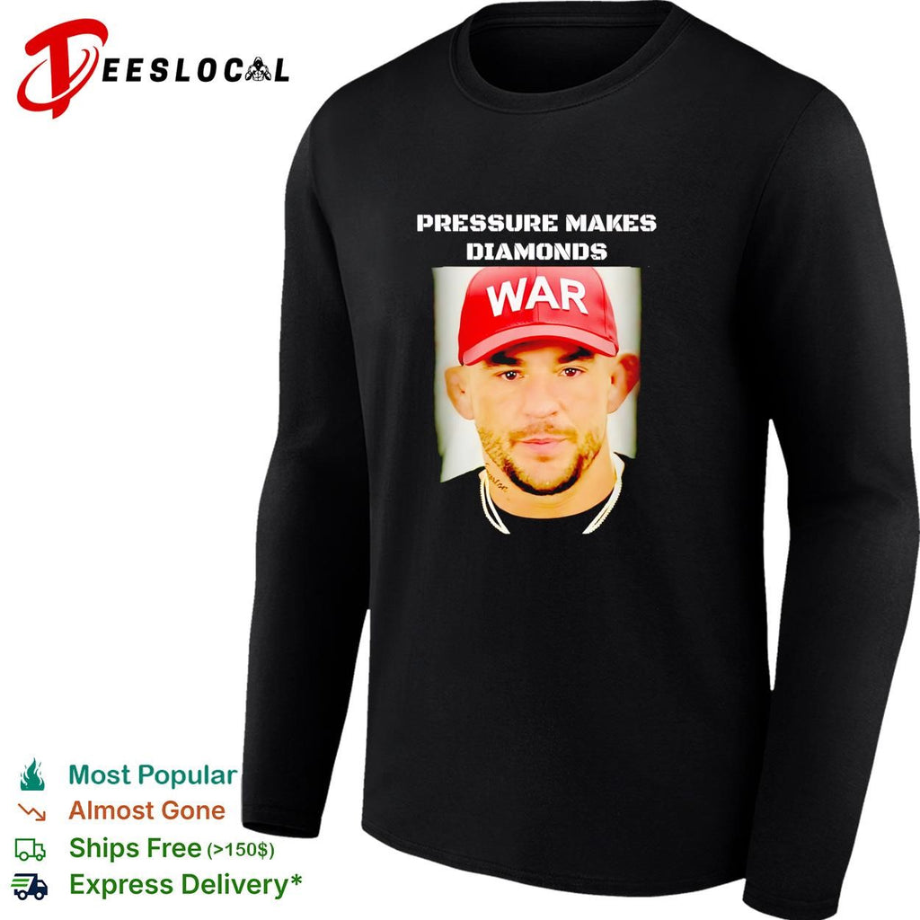 Dustin Poirier wearing red war cap mugshot pressure makes diamonds shirt