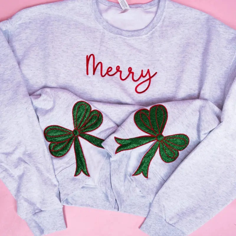 EMBROIDERED Christmas Side Bows Merry Sweatshirt    PREPPY BOWS CHRISTMAS 2024 Shirt Hoodie | PrintMintTees.com