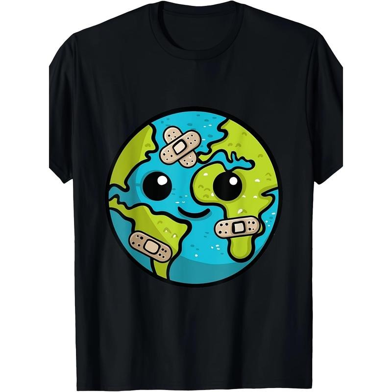 Earth Day Cartoon Graphic T-Shirt, 100% Cotton, Casual Crew Neck Tee, Regular Fit, Short Sleeve, with Geometric Pattern,...