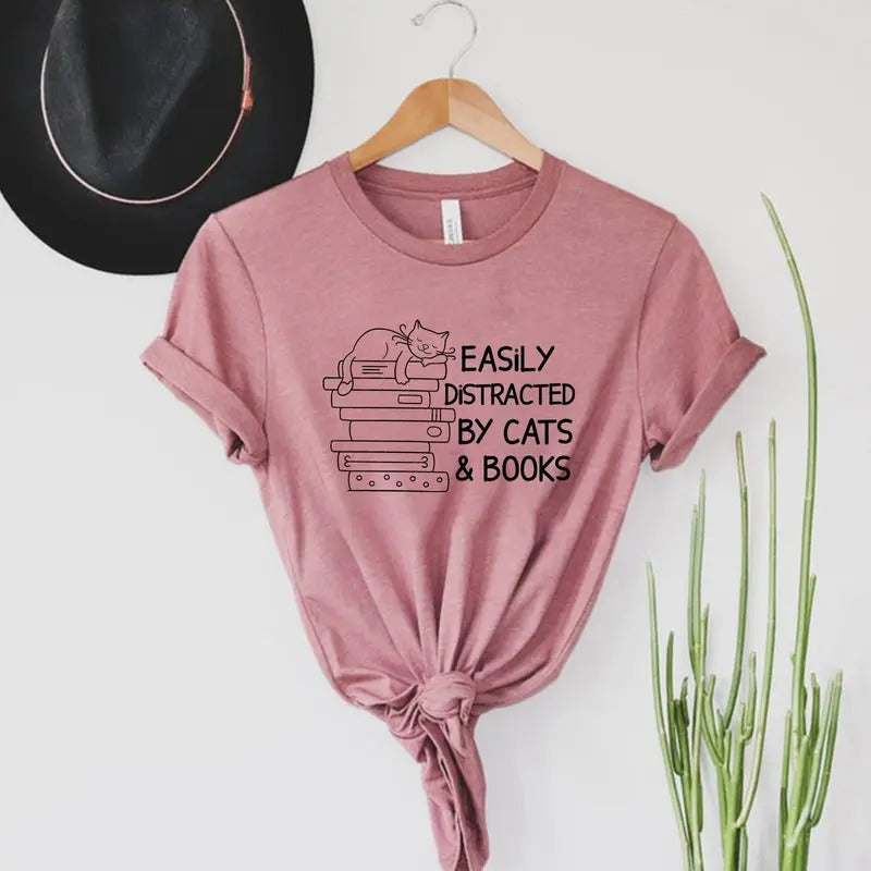 Easily Distracted By Cats And Books Shirt, Book Lover Gift, Funny Cat Shirt, Cat Lover Shirt, Cat Lover Gift, Reader...