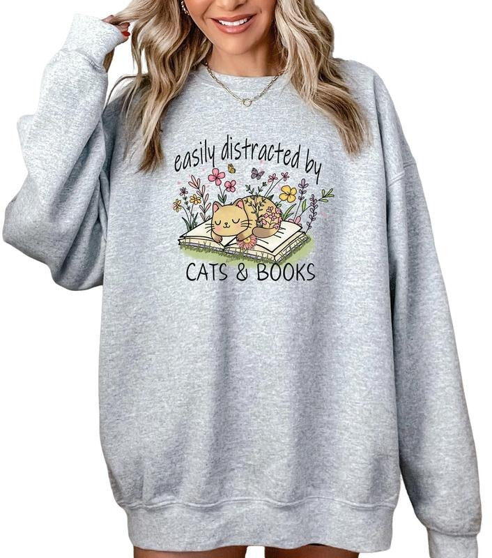 Easily Distracted By Cats And Books Sweatshirt, Book Lover Shirt, Cat Book Lover Shirt, Bookworm Shirt, Unisex...