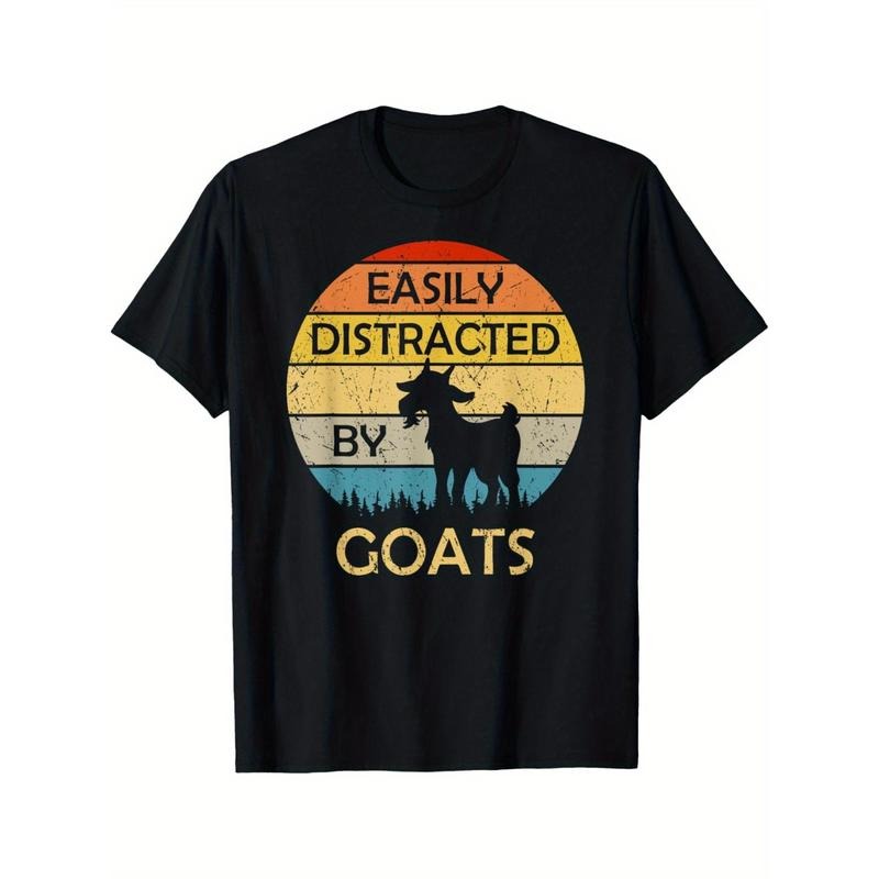 Easily Distracted By Goats Retro Vintage Funny Goat Lover T-Shirt Man Short Sleeve Cotton Crew Neck Ultra Soft,...
