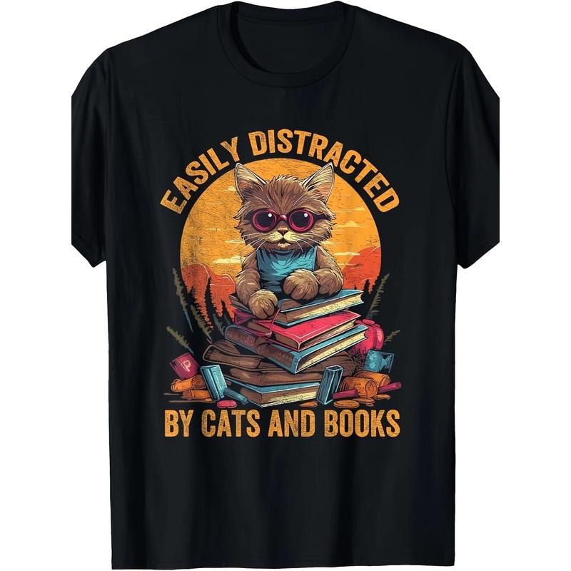 Easily distracted by cats and books Book lover T-shirt Made in USA Hoodie Sweatshirt | PrintMintTees.com