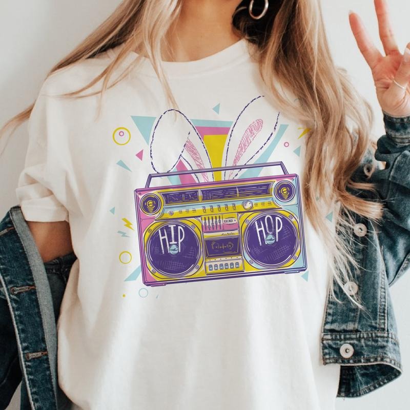 Easter 80's Hip Hop Graphic Tee Retro Boombox Easter Rabbit Ears Tshirt Vintage Easter Bunny Womens Tops Unisex Size...