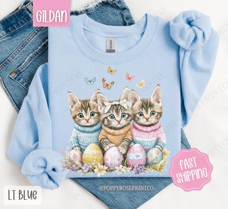 Easter Cats Sweatshirt, Cute Cat Lover Sweater, Trendy Cat Crewneck T-Shirts, Hoodie | PrintMintTees.com