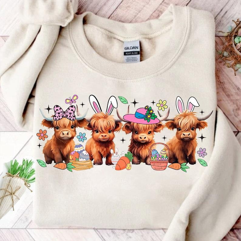 Easter Day Baby Highland Cow Shirt Sweater, Retro Easter Sweatshirt, Easter Bunny Sweatshirt, Happy Easter Sweatshirt...