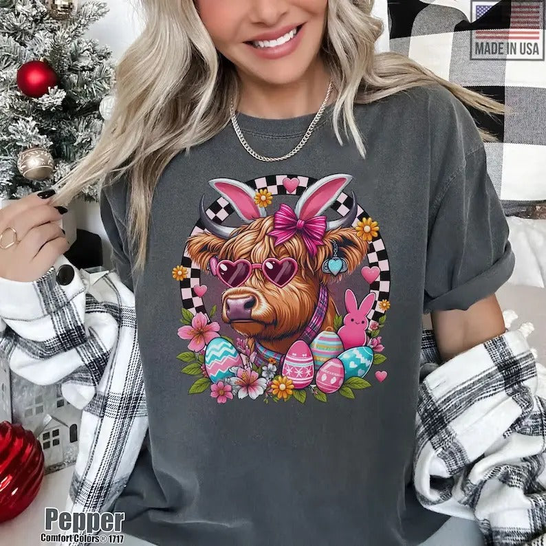 Easter Highland Cow Checkered Shirt, Easter Cow Bunny Comfort Colors Tshirt, Easter Highland Cow Lover Sweatshirt, Cow...