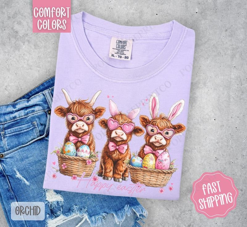 Easter Highland Cows Shirt Comfort Colors, Easter Tshirt, Trendy Cow Women's Tee, Gift for Her Hoodie, Sweatshirt