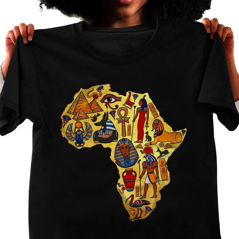 Egypt Icons in Gold African Map Unisex T-shirt, Black Pride, Black History Month Tee, Black Lives Matter Gifts, For Men...