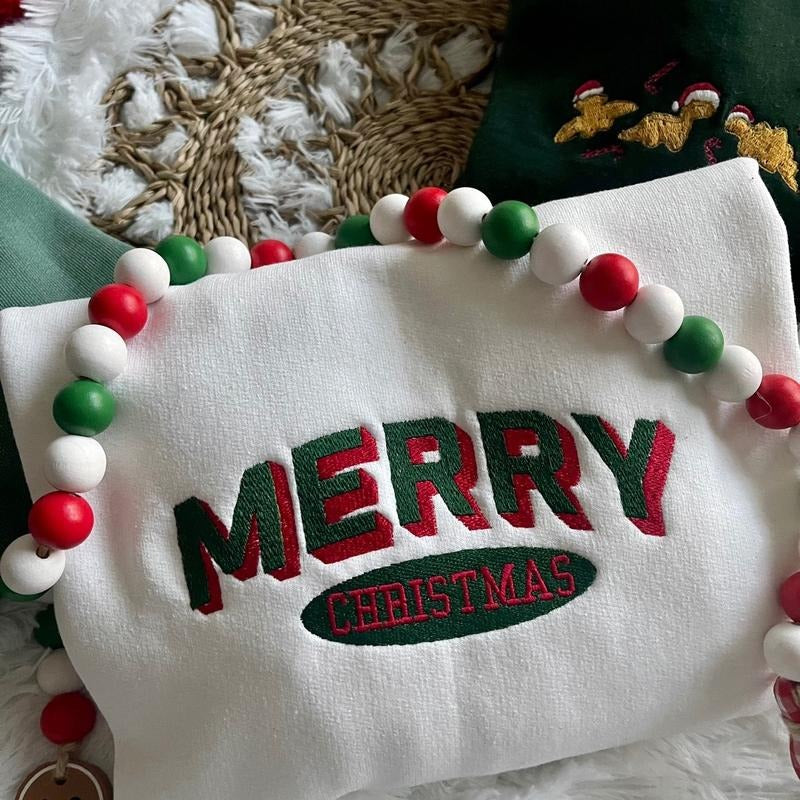 Embroidered Block MERRY CHRISTMAS Sweatshirt Shirt Hoodie | PrintMintTees.com