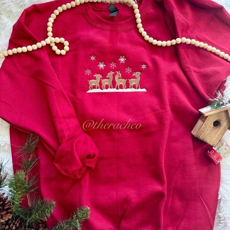 Embroidered Christmas Deers, Embroidered Deers Sweatshirt, Embroidered Sweatshirt Shirt Hoodie | PrintMintTees.com
